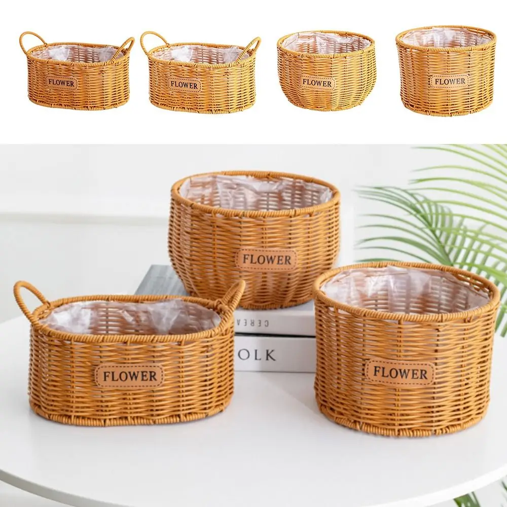 Brown Imitation Weaving Basket with Handle Home Decoration Succulent Bonsai Holder Ellipse Round Living Room Storage Baskets