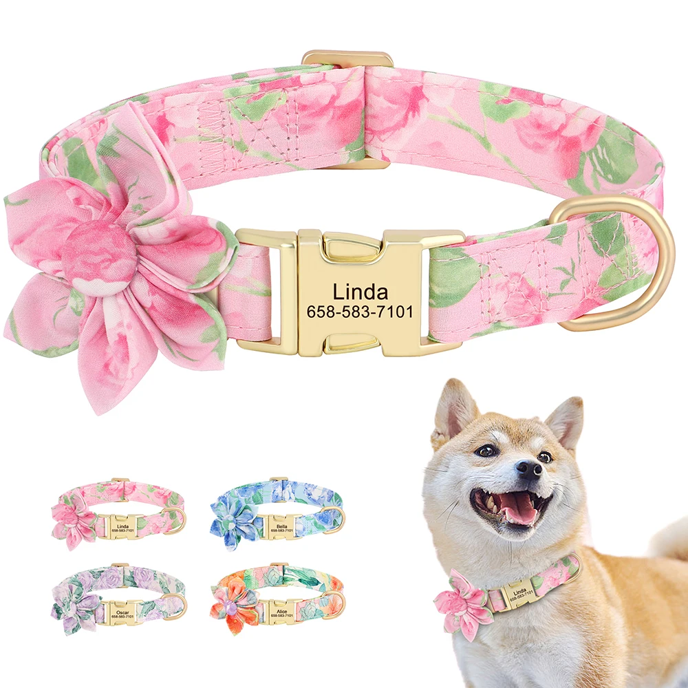 Personalized Nylon Dog Collar Printed Dog Collars With Flower Free Engraved Nameplate for Small Medium Large Dogs Chihuahua Pug