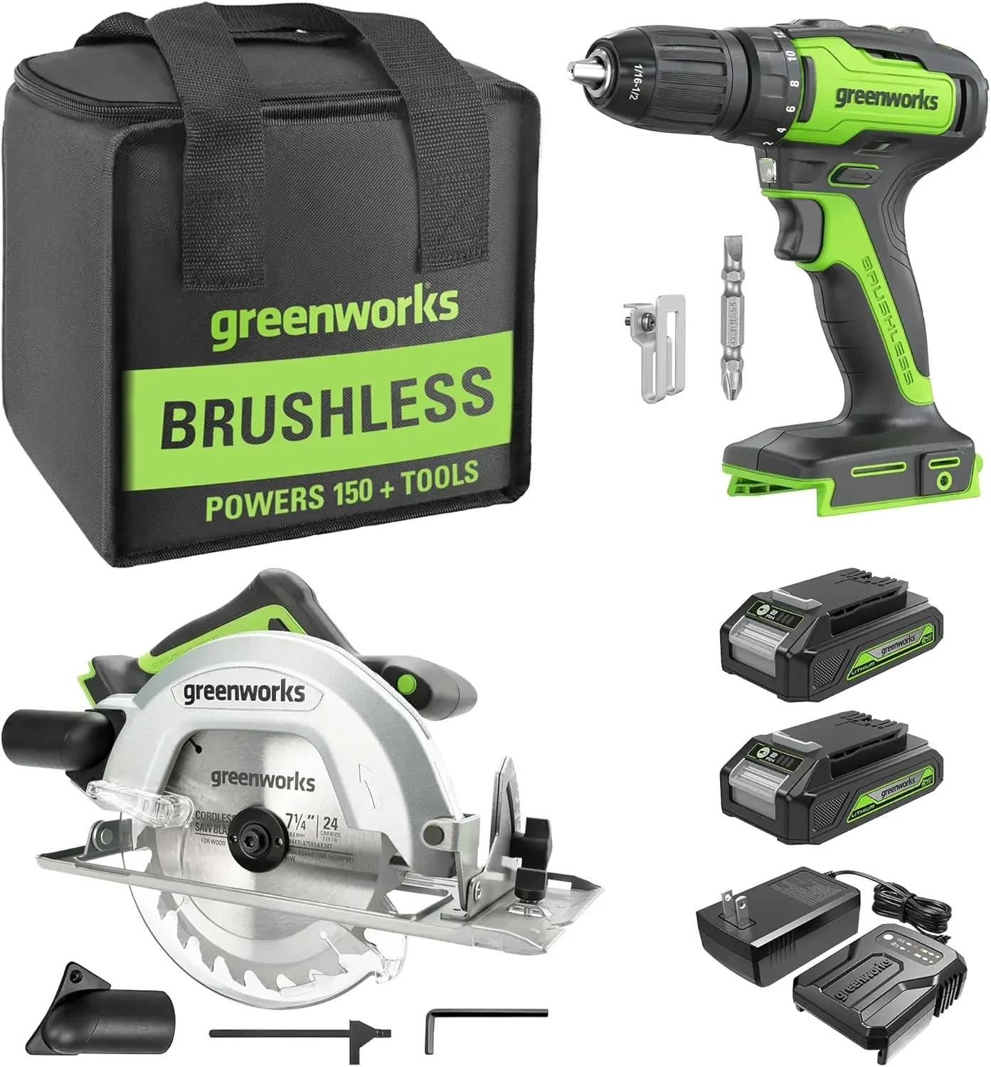

24V Cordless Drill & Circular Saw Combo Kit, Brushless Power Tools Set with 310 in./lbs Power Drill, 7-1/4" Circular Saw, 2×2.0A