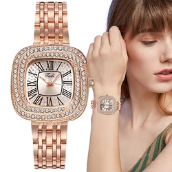 Lujo Full Star Señoras cuadrado romano reloj de cuarzo elegante de acero inoxidable de negocios de las mujeres de vestir reloj de regalo reloj de pulsera