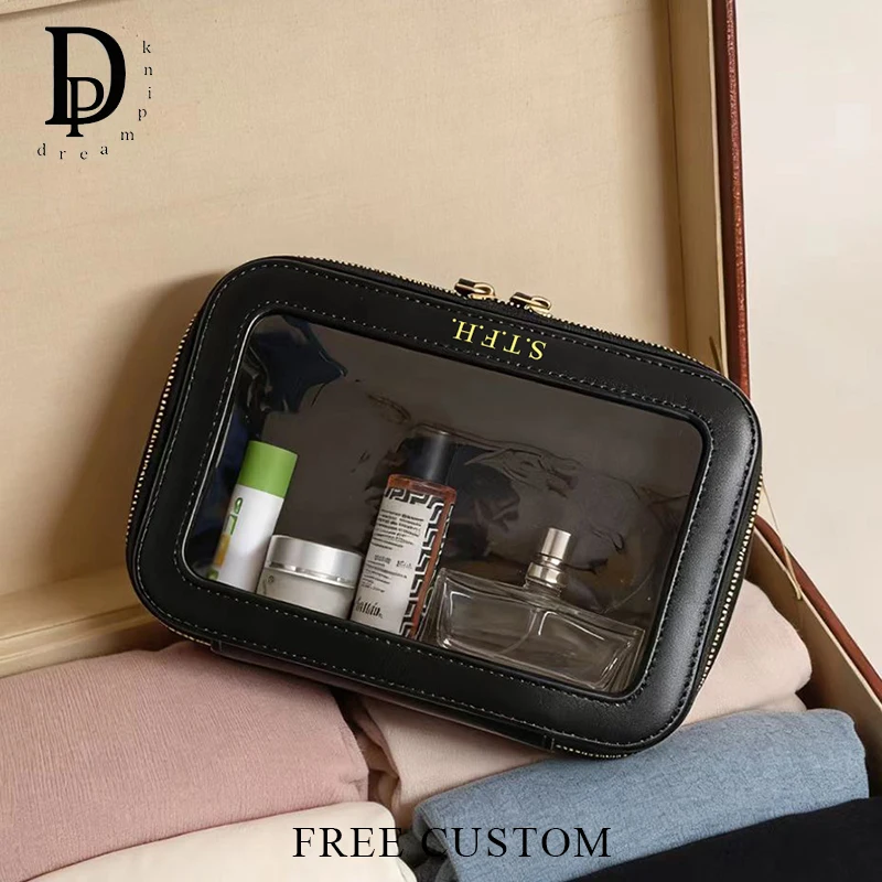 Luxury Travel Portable Woman Cosmetic Bag Fashion Lady PU Leather Transparent Make Up Bag Engrave Name Cosmetic Case Storage Bag