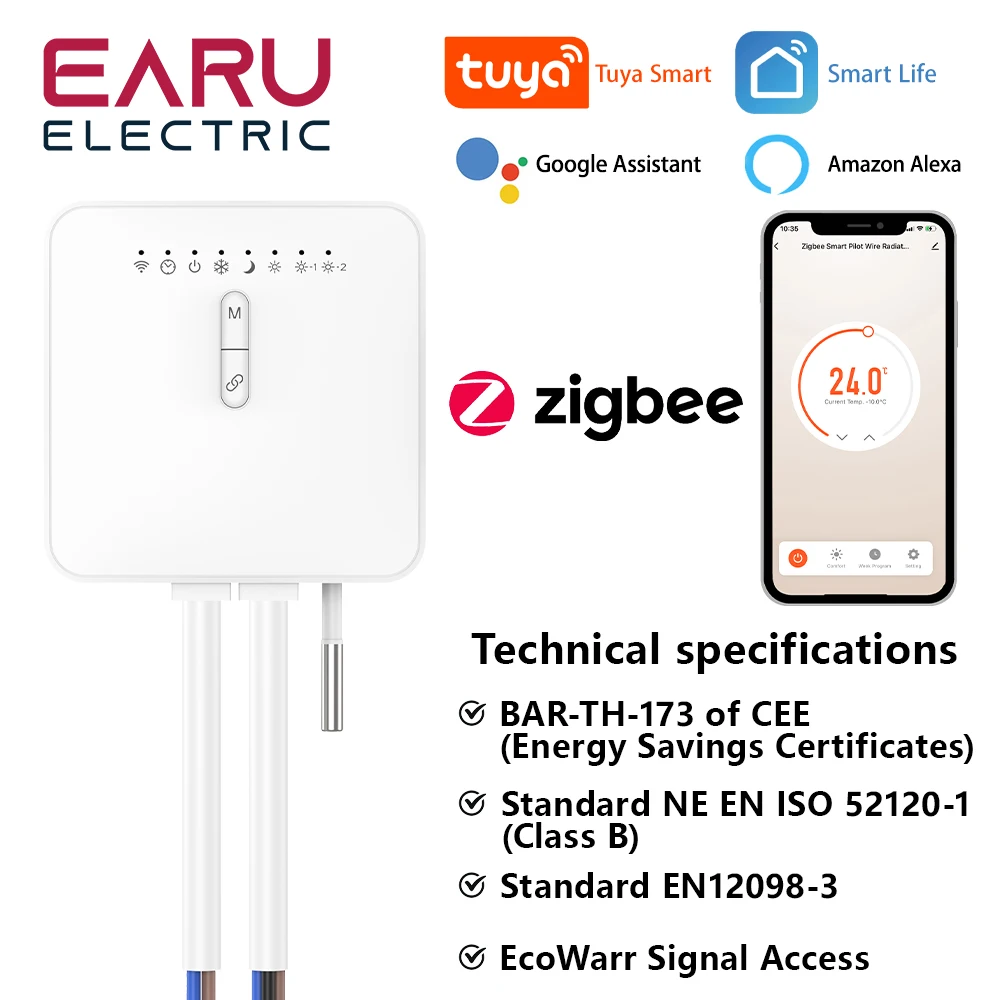 Tuya ZigBee Smart Thermostat For Pilot Wire Heating Radiator Support Ecowatt Electricity Monitoring Remote Control Alexa Google