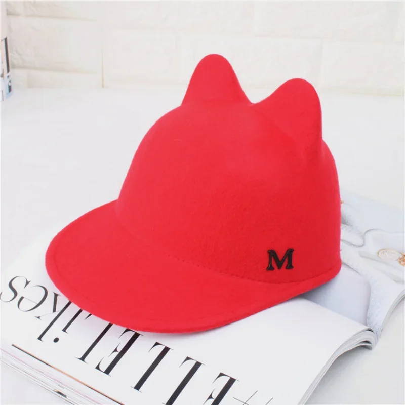 Plain Wool Felt Korean Cat Ears Equestrian Cap Parent-child Cap Flat Brim Horseman Trilby Hat for Men Women Children Boys Girls