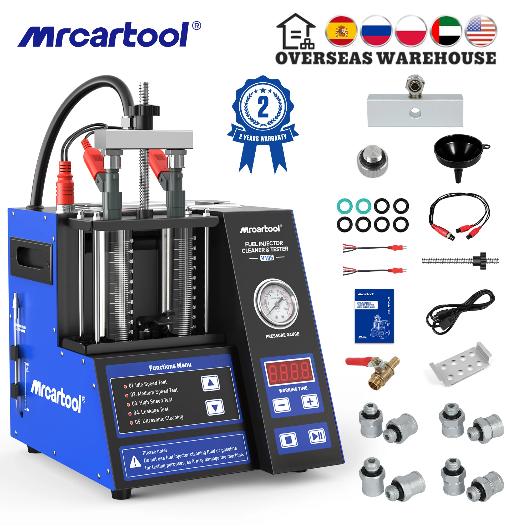 MR CARTOOL V105 Ultrasonic Fuel Injector Cleaner Tester 2-Cylinder GDI Pulse Cleaning Machine For Petrol Car & Motorcycle Injectors 12V Built-in Air Pump 110V