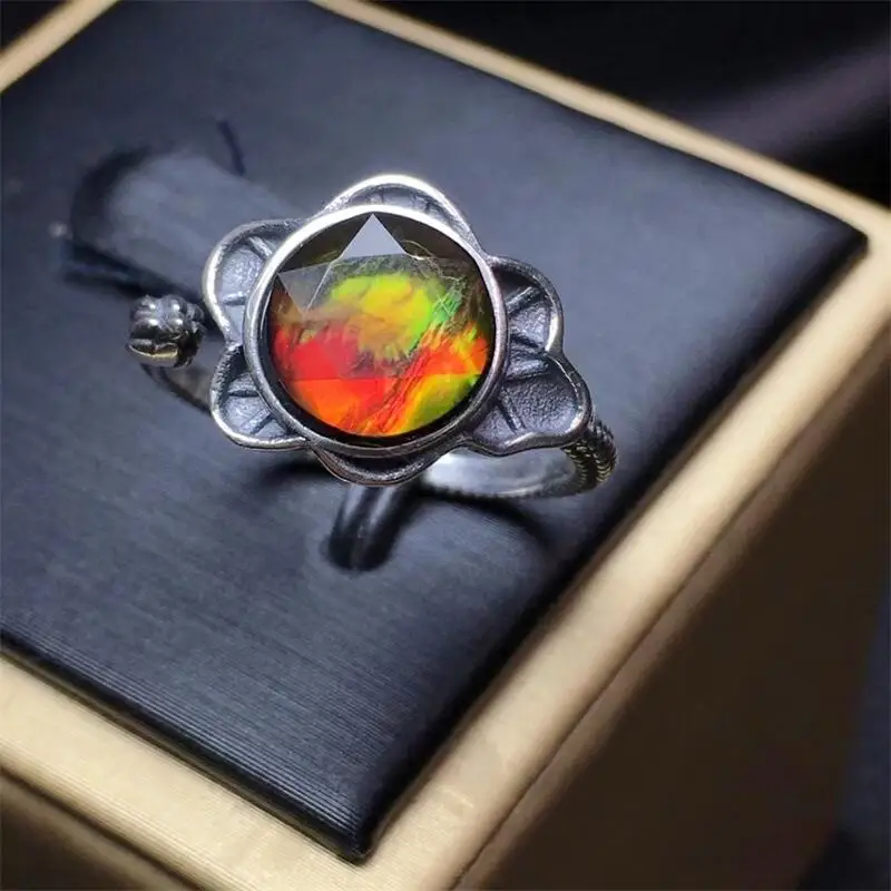 S925 Natural Ammolite Ring Healing Gemstone Reiki Fashion Jewelry Accessories Holiday Birthday Gift 1pcs