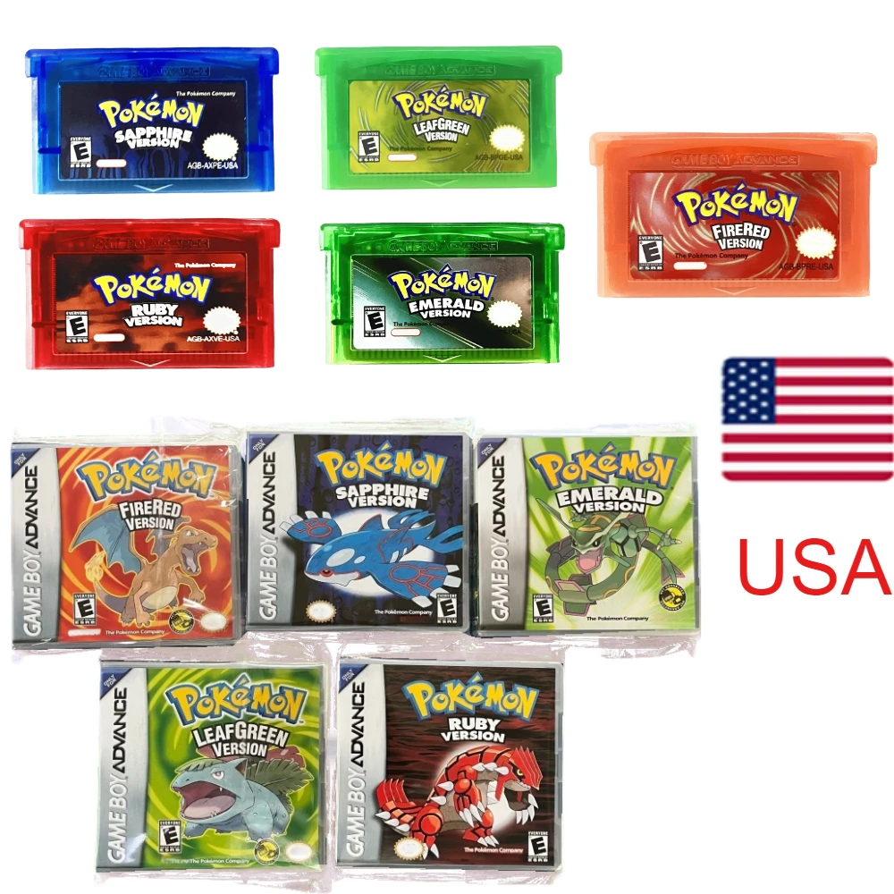 

High Quality USA Pokemon Series Emerald FireRed Leafgreen Ruby Sapphire Version GBA Game in Box for 32 Bit Video Game Cartridge