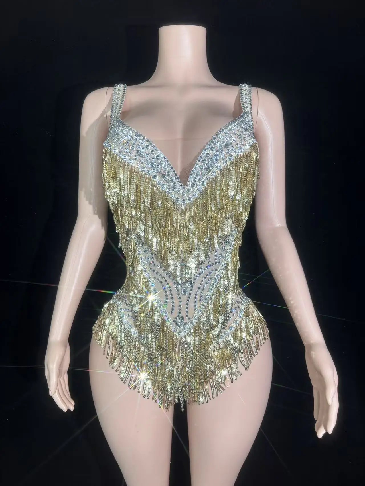 Body con nappe con strass rossi scintillanti e paillettes, da donna, sexy, trasparente, per spettacoli, feste da ballo, costumi da palcoscenico