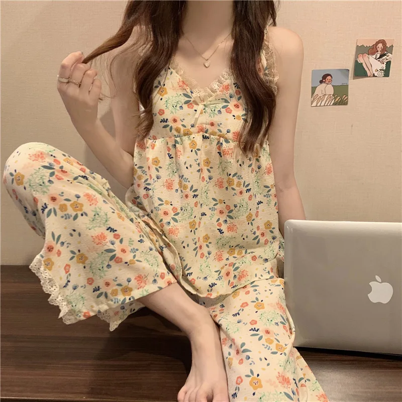 Women\'s New Pajamas Homewear Set Summer Retro Small Broken Flowers Halter Short-Sleeved Long Pants Thin Pajamas Homewear Set