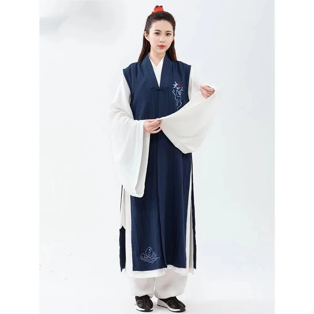 Jubah Taoist Linen alami jubah Dinasti Ming China tradisional jubah Bijia klasik Taoisme Sanqing jubah panjang kerah pria wanita