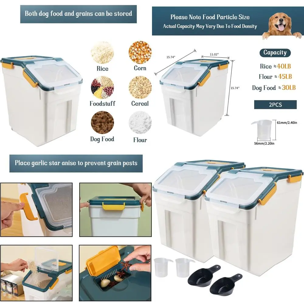 

Герметичный набор контейнеров для хранения муки объемом 50 фунтов с колесами, крышкой с уплотнительным замком, без бисфенола А и мерными инструментами для риса, зерна (синего цвета)