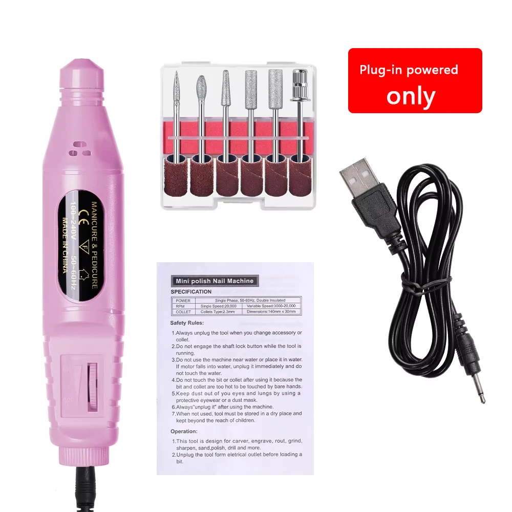 LINMANDA 6 In 1 Plug-in Only Electric Nail Drill 20000RPM USB Nail Polisher Manicure Pedicure Tool for Gel Nail Removing Gifts