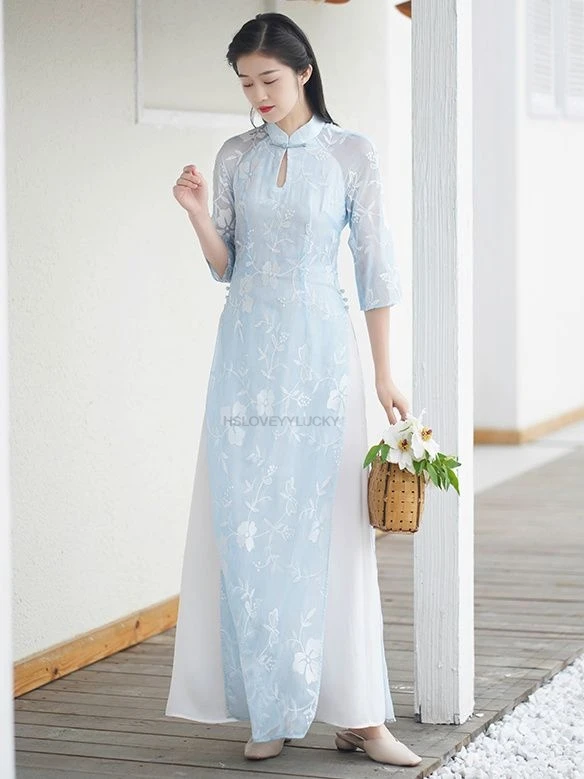 فيتنام Aodai الجنية مزاجه فستان صيني رائع الأزهار الطباعة الشاي الفن فيستدو الجوف خارج سليم آو داي فستان جنية #3