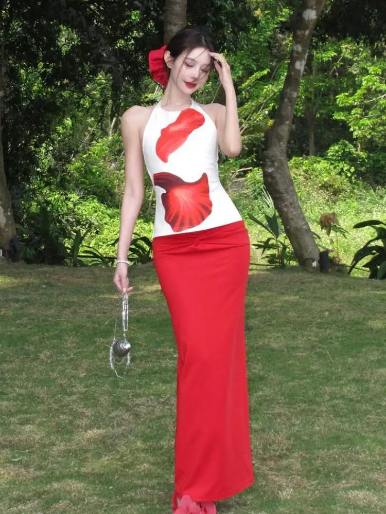 

Women Summer White Print Elegant Sexy Off Shoulder Backless Halter Tops + Red High Waist Long Skirt Vacation Two-piece Set Trend