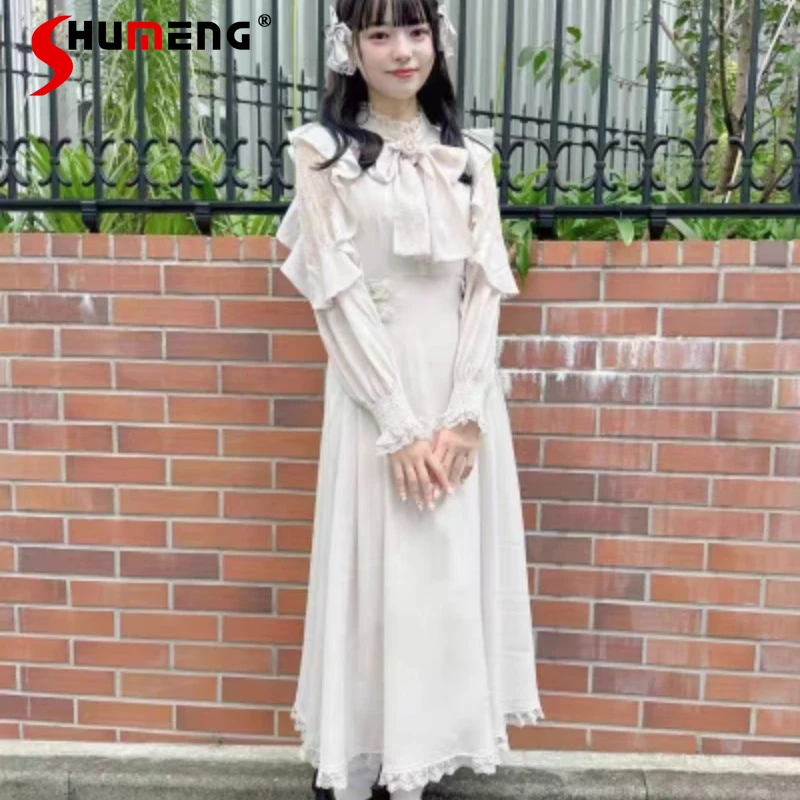 Japanese Rojita Mine Style Shoulder-Baring Slimming Waist-Controlled Long Sleeves Stand Collar Dress Large Swing Vestidos Female