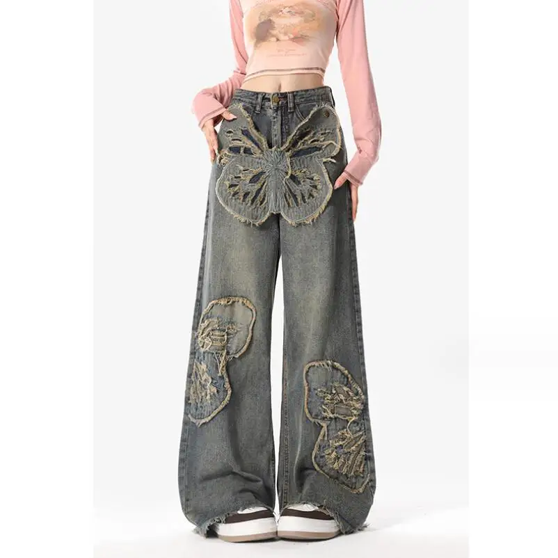 High Street Fashion Detachable Butterfly Sticker Fabric Jeans Woman Rivet Design Vintage Denim Pants Women Straight Jeans w887