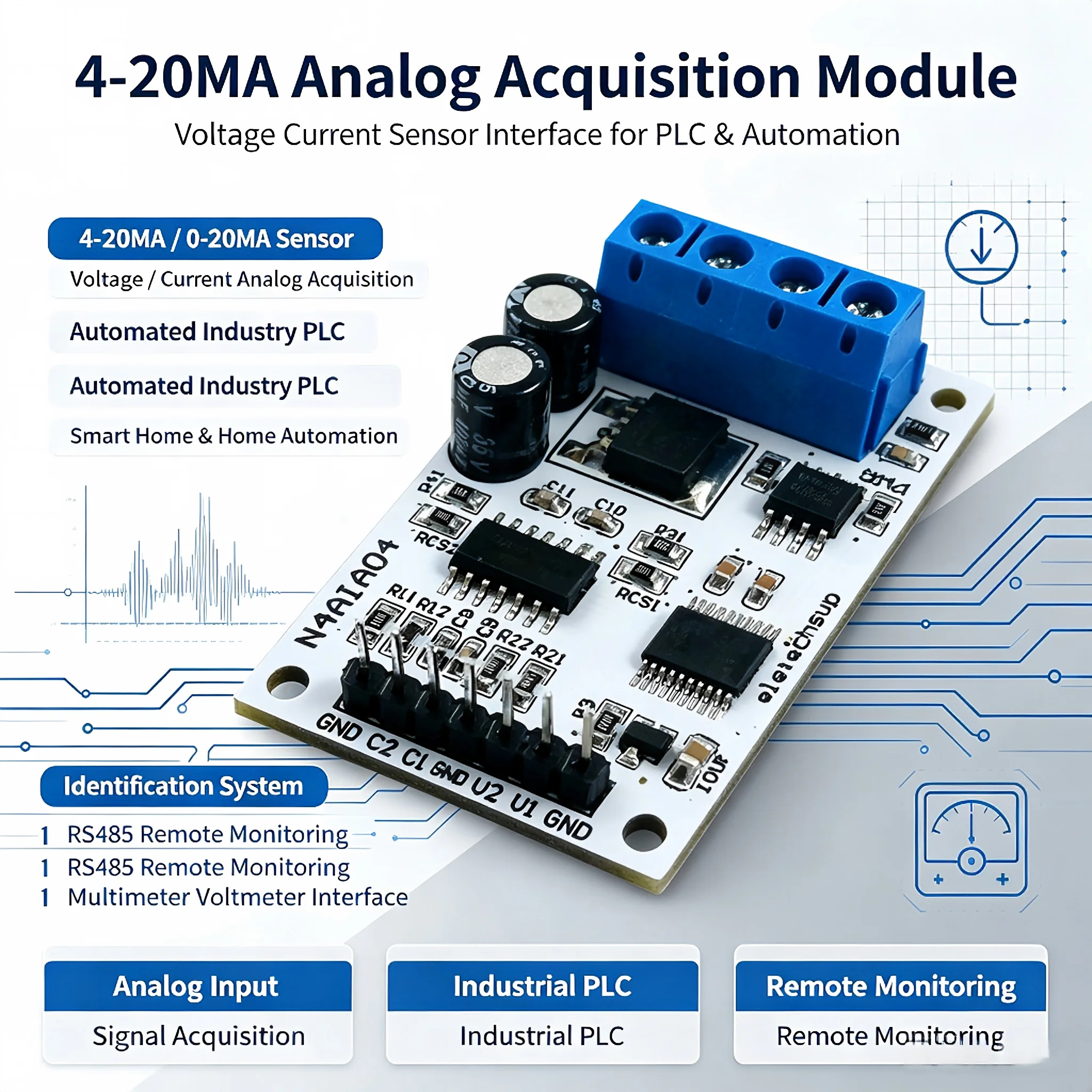 N4AIA04 4CH Analog Input Module 4-20mA/0-10V to RS485 Modbus RTU ADC for PLC SCADA Industrial Automation Voltage Current Collect