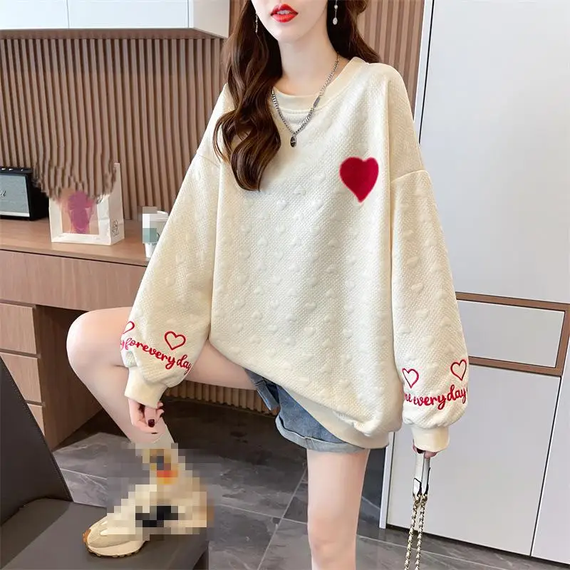 Women's Korean Long Sleeved T-Shirt Women's New Hoodi Student Round Neck Spring and Autumn Embroidered Fashionable Hoodie Tops