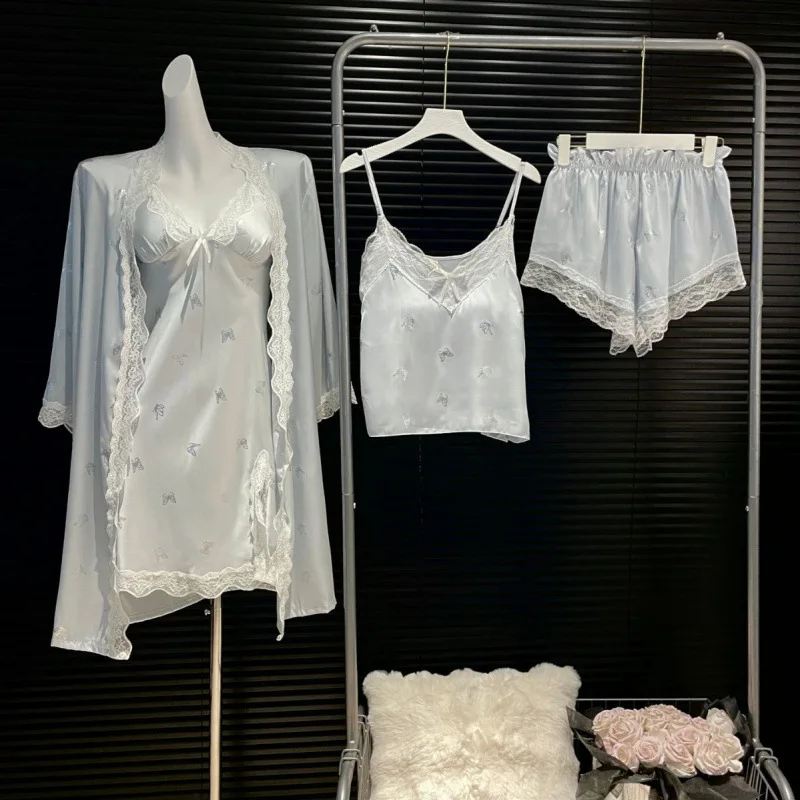 

4PCS Sleepwear Pajamas Set Silk Women Nightdress Lace Dress Robe Sling Shorts Sleep Nightwear Silk Pijama Sets