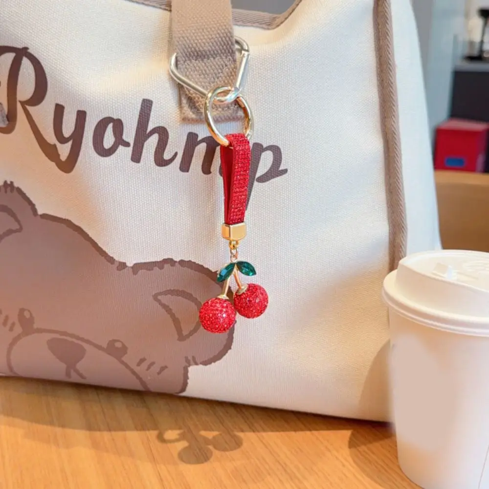 Korean Ins Full Rhinestones Cherry Keychain High-end Blingbling Crystal Cherry Pendant Exquisite Creative Rhinestone Car Keyring