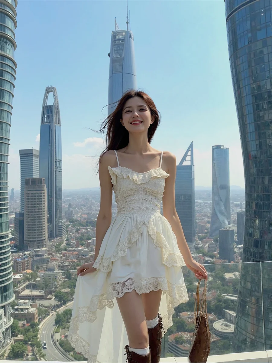 レディースドレス Aライン レースアップ フリルエッジ オンブレ ローカット シャイニー サークル パッチワーク 透かし花柄裏地 シルバーチャーム アシンメトリー