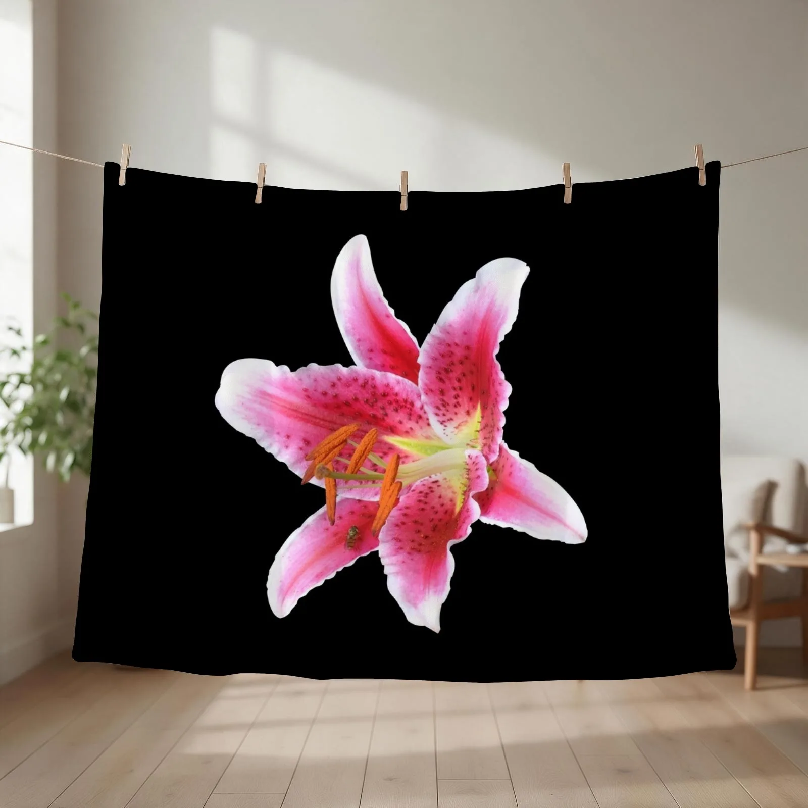 Stargazer lily single flower with mason bee Throw Blanket Fashion Sofas Travel bed plaid Blankets For Sofas Blankets