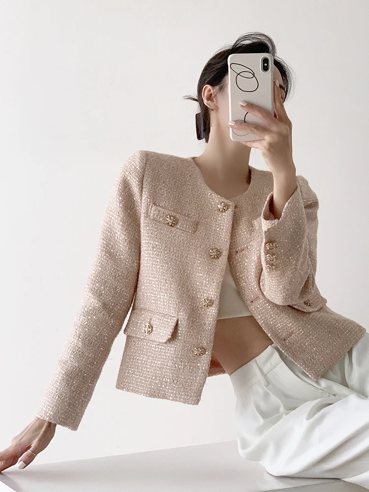 UNXX Pink Socialite Bouclé Tweed French Suit Short Jacket Women Autumn Winter High-End Petite Top Female Office Lady Coat Top