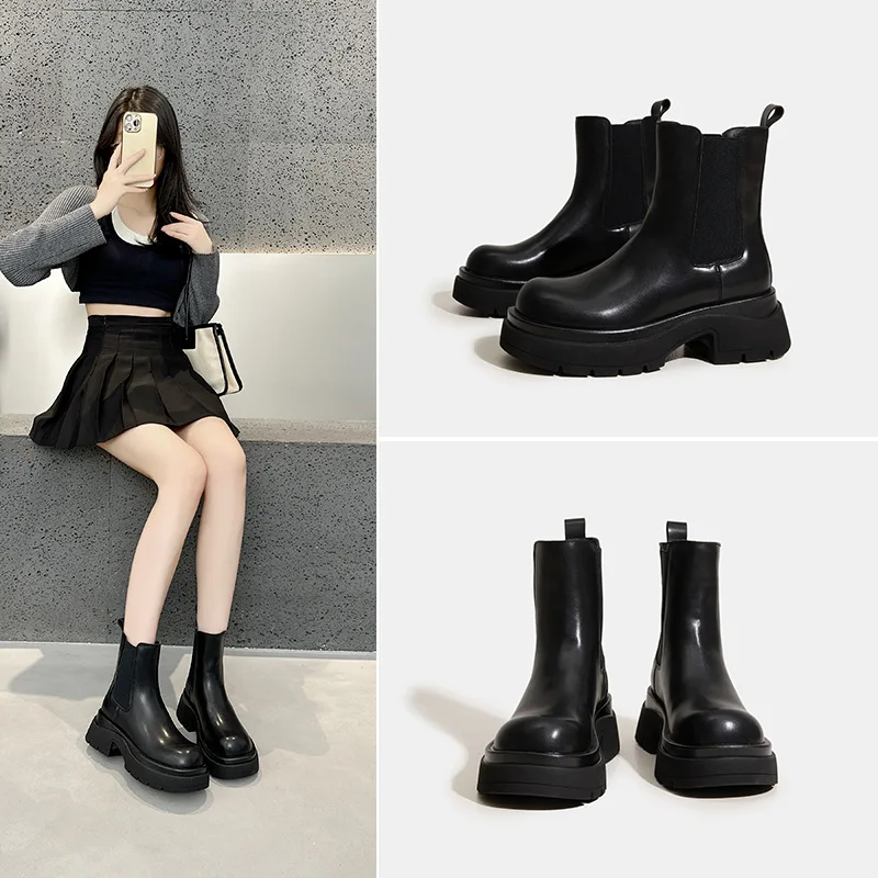 Autumn thick soled short boots for women 2025 new versatile British style Chelsea chimney boots black short boots