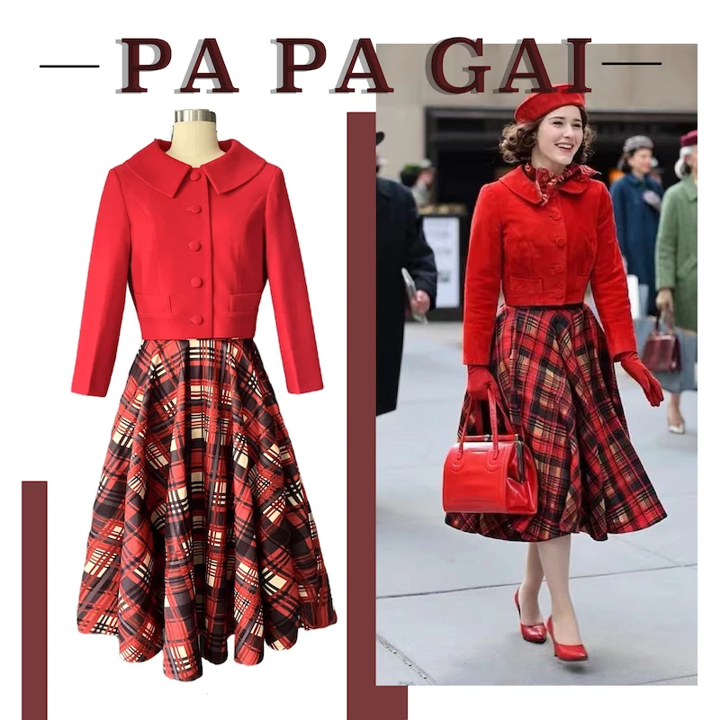 

TV Series Mrs. Maisel Cosplay Costume Red Top Plaid Skirt Suit Halloween Retro Exquisite Woolen Fabric Causal Uniform for Women