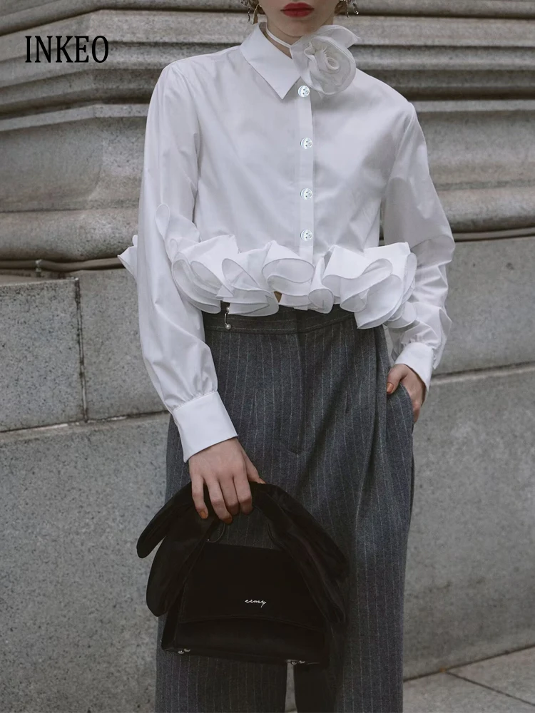 

High street Women's ruffles blouse Crop tops 2025 Spring summer Solid color Long sleeve shirt for lady Fashion INKEO 5T008