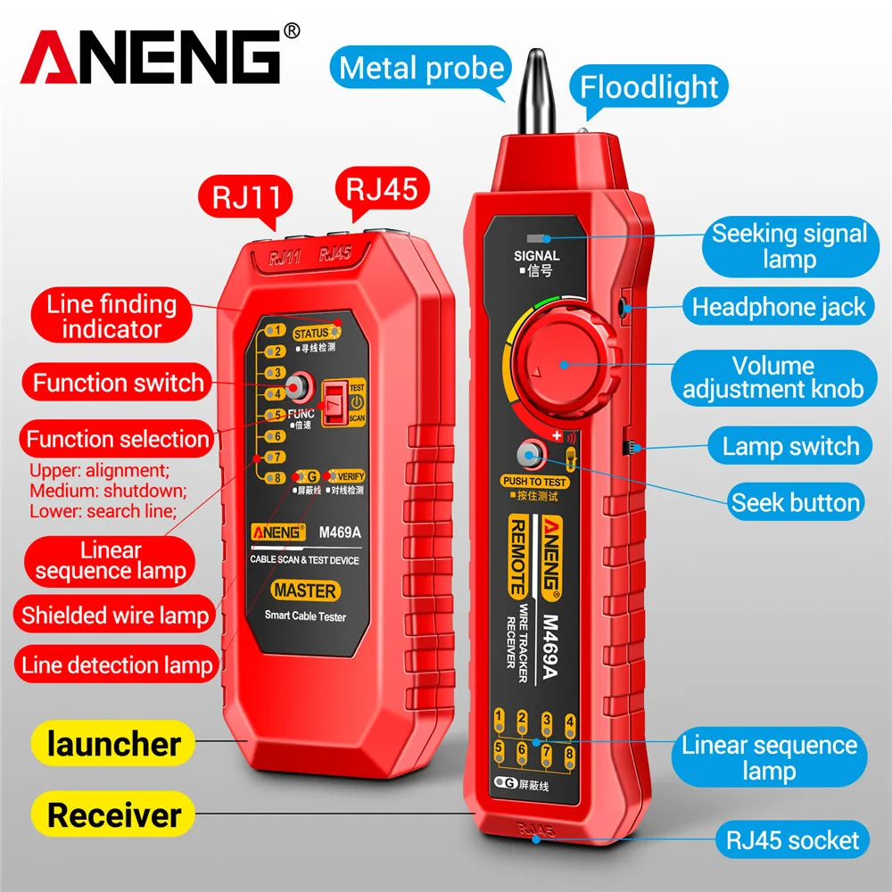 Network Cable Tester -RJ45/RJ11 Wire Tracker ANENG M469A Network Cable Tester Anti-Interference Testing Instrument Network Repai