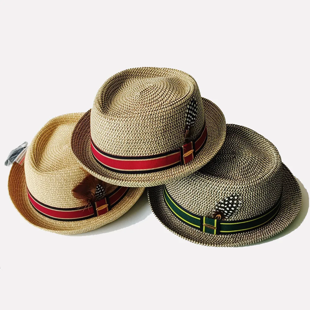 Mens Straw Trilby with Feather Summer Straw Fedora Beach Short Brim British Sun Hat Handwoven Straw Panama hat Cuban Travel Cap