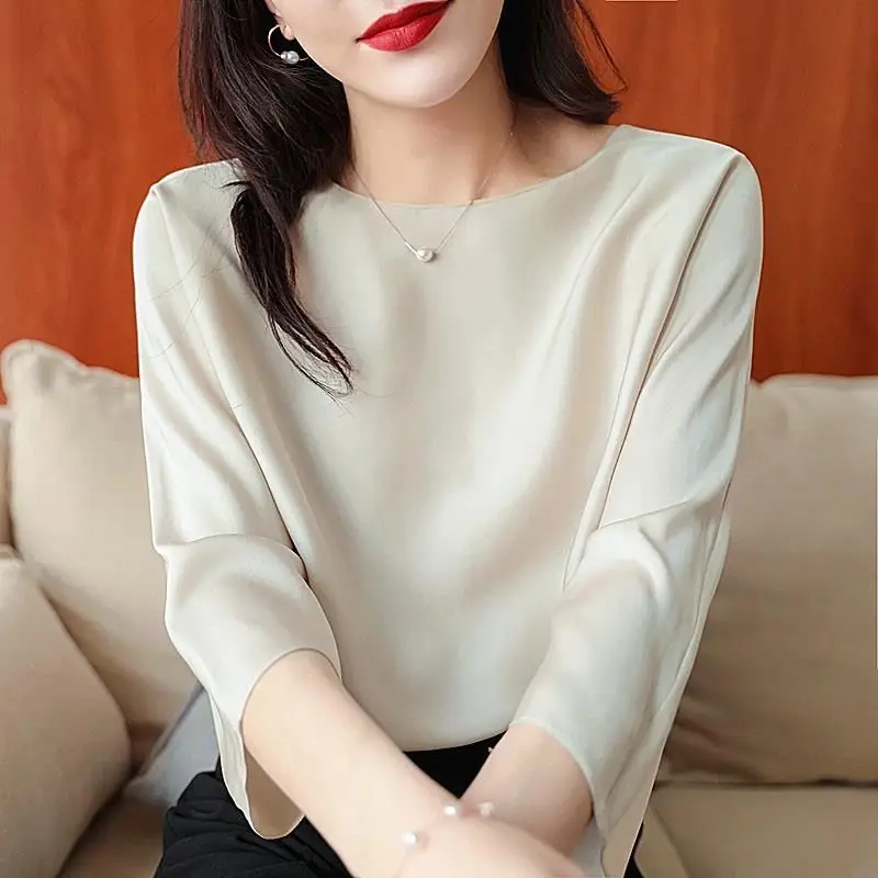 Elegant O-Neck Solid Color All-match Satin Blouse Women\'s Clothing 2023 Summer New Casual Pullovers Tops Loose Office Lady Shirt