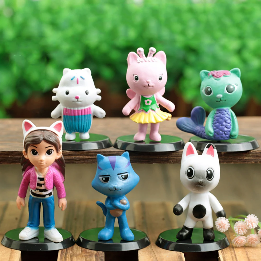 6/14pcs set PVC Gabby Dollhouse Figure Toy Mercat Cartoon Stuffed Animals Smiling Car Cat Hug Gaby Girl Dolls Kids Birthday Gift