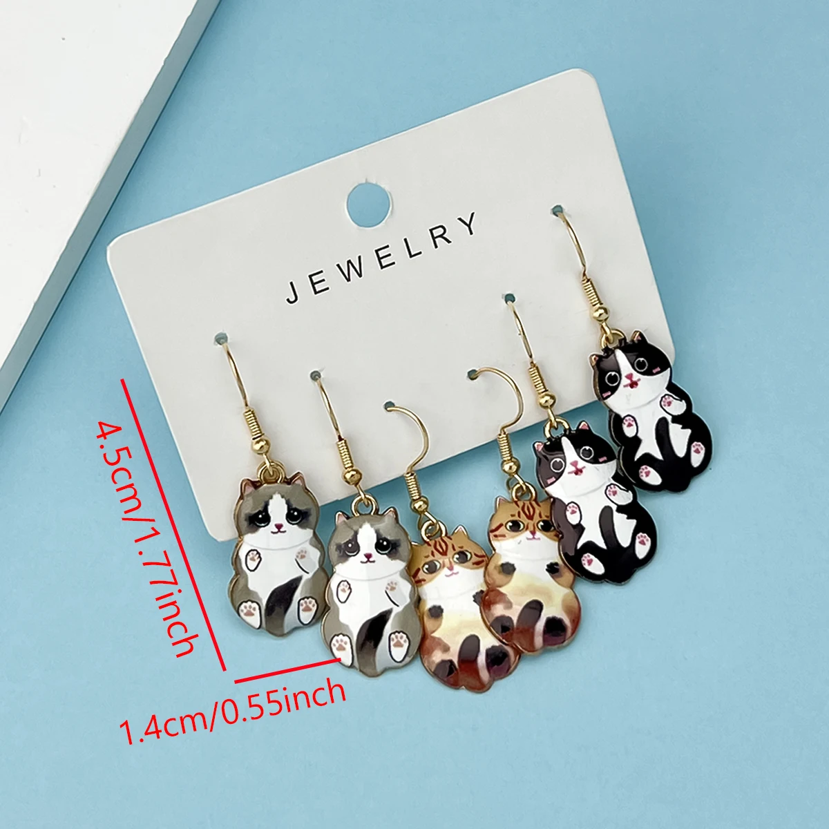 3Pairs/Set New Fun and Cute Enamel Alloy Cat Dangle Earrings Cartoon Style Colored Cat Ear Jewelry Set Gift For Women Girls