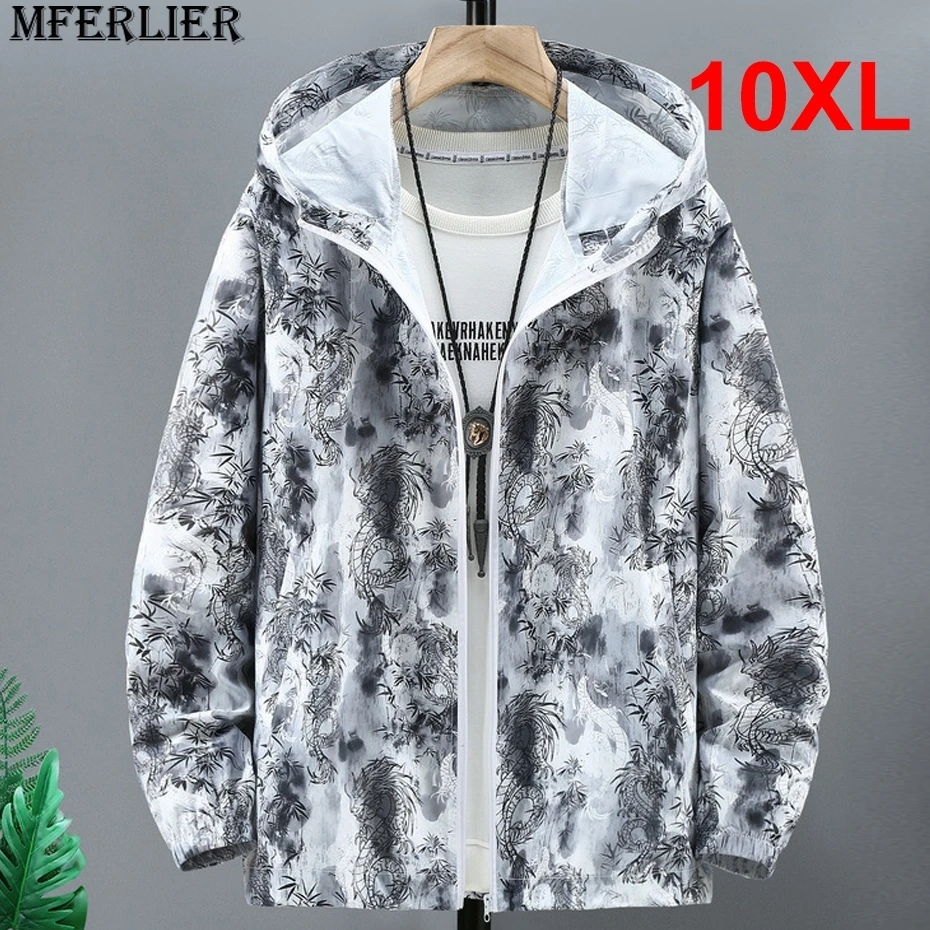 

2024 Summer Thin Jacket Men Sun-protective Jackets Plus Size 10XL Fashion Casual Dragon Print Hooded Coats Thin Clothes