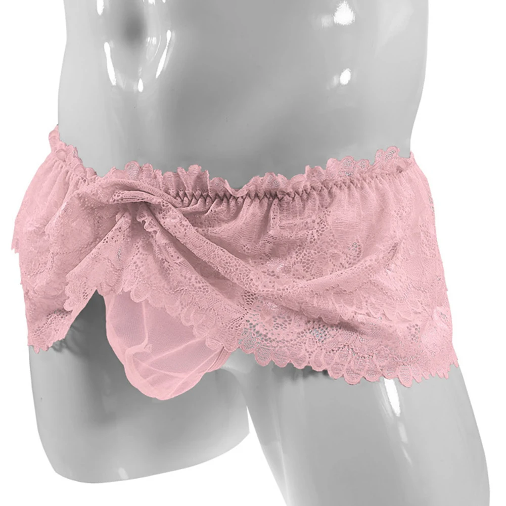 Mens Adult Frilly Lace Ruffled Crossdress Sissy Panties Maid Briefs Underwear Lingerie Knickers See Through Lace Hem Mini Skirt