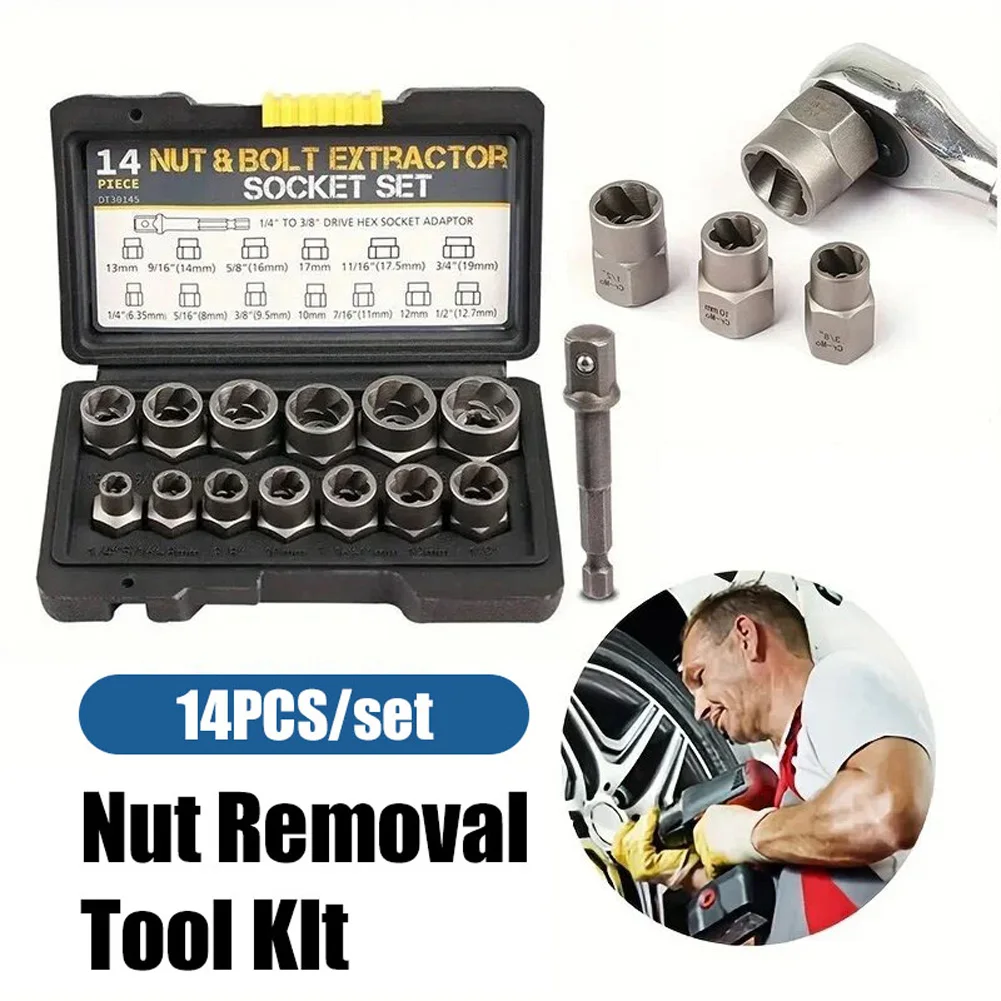 

14 Pieces Impact Bolt Nut Remover Set Cr-Mo Steel Bolt Extractor Tool Set with Solid Storage Case for Industrial Drop Shipping