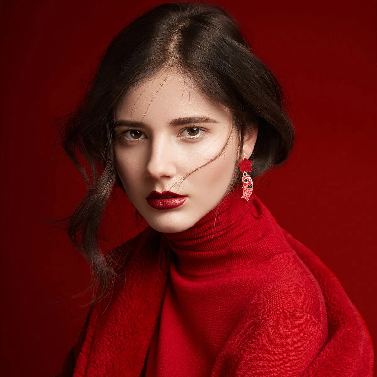 Long Asymmetrical Carp Tail Earrings Red Creative Pattern Fashion Ear Dangler for Women Catch Eyes Party Work