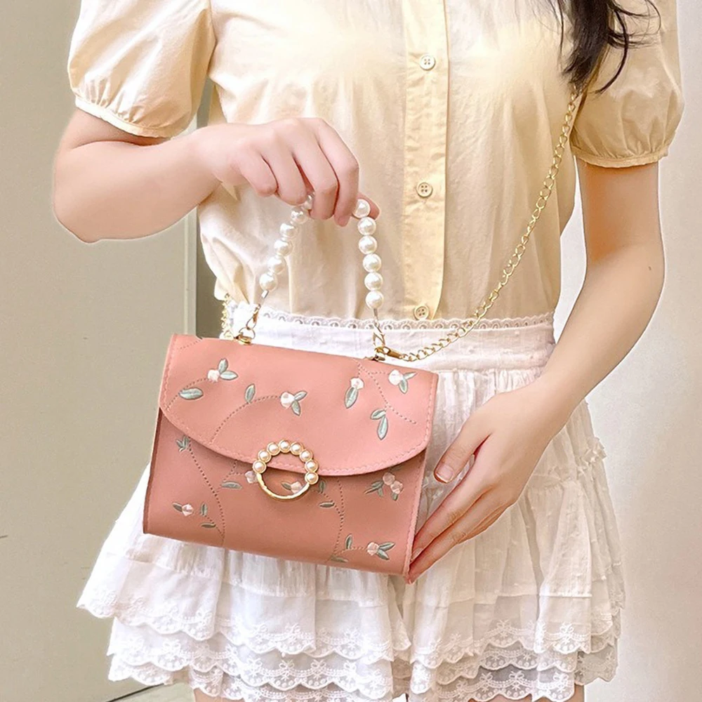 Chinese Style Shoulder Bag - Women's Embroidered Logo Crossbody Purse with Pearl Chain, Trendy Handbag