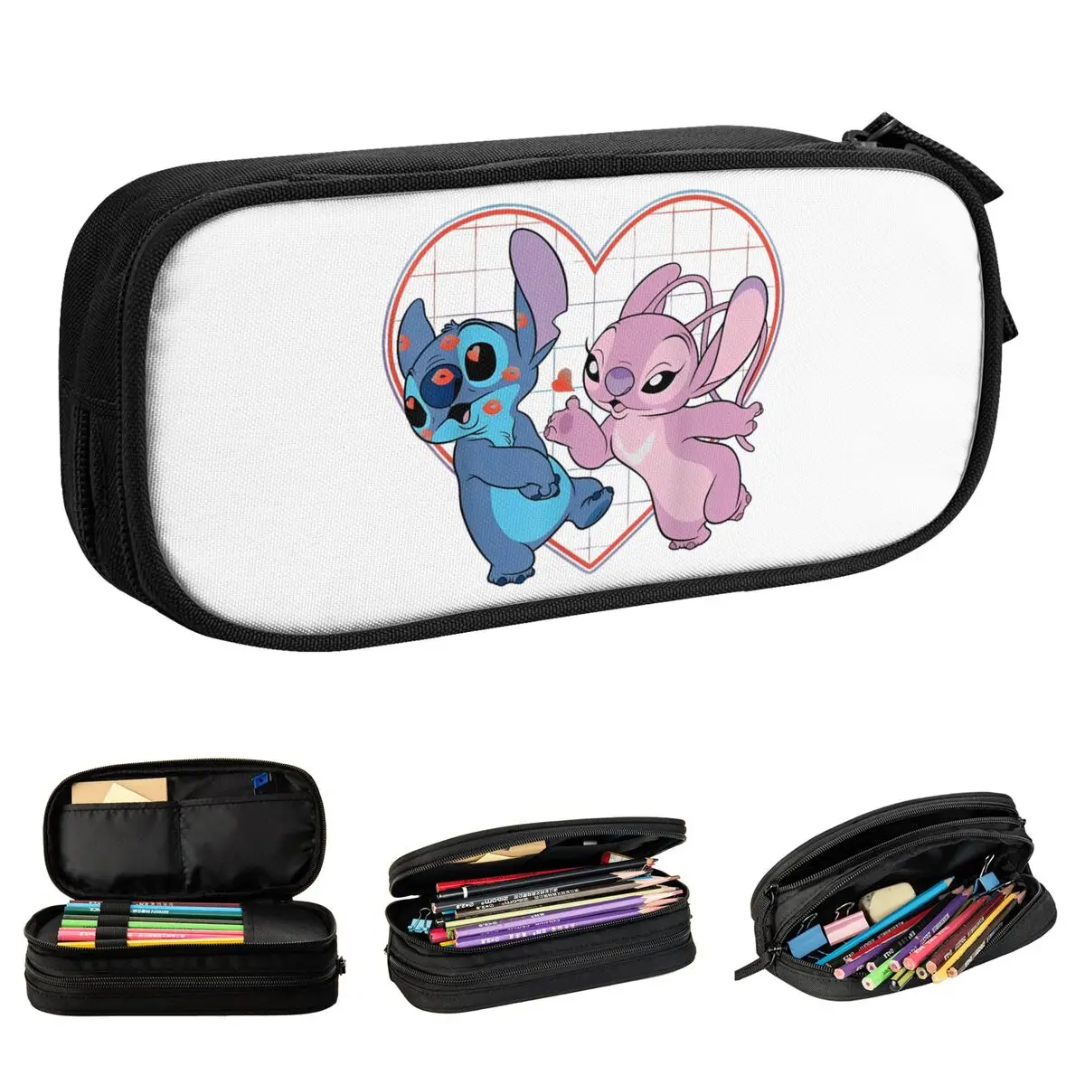 Lilo And Stitch Angel Heart Kisses Pencil Cases Cute Cartoon Pen Bag Student Big Capacity Students School Cosmetic Pencilcases