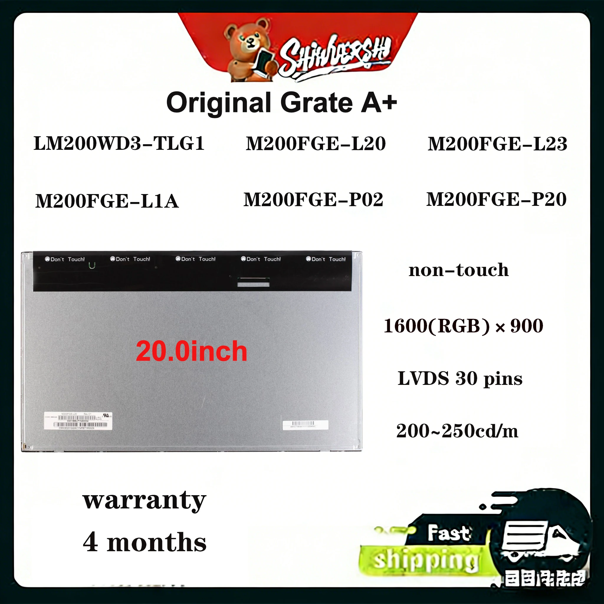 

Original New A+ 20.0" Lcd Screen M200FGE-L20 M200FGE-L23 M200FGE-L1A M200FGE-P02 M200FGE-P20 LM200WD3-TLG1 30 pins