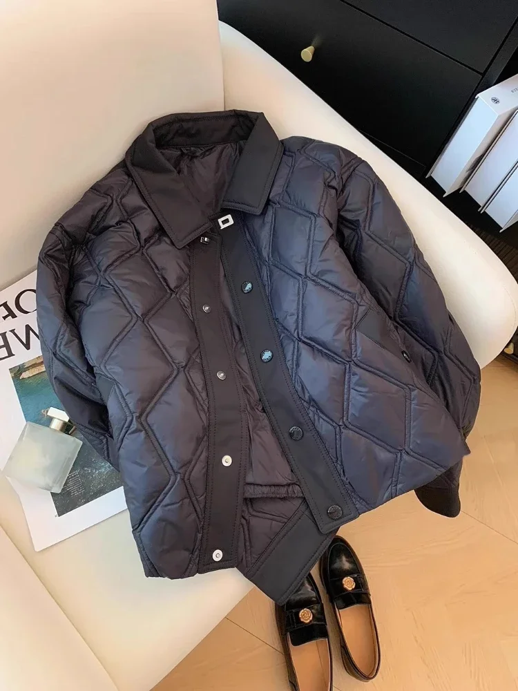 Black Rhombus Plaid，Flip Collar，Quilted Jacket，winter Jackets Woman，short Light and Thin Cotton Coat，2024 New in Outerwears