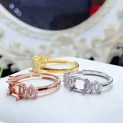 New Pattern Inlay 6*6mm Square Gemstone S925 Sterling Silver DIY Empty Ring Holder for Women Fine Weddings Charm Jewelry