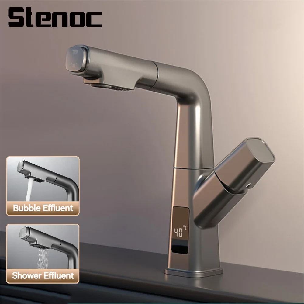 Temperature Digital Display Pull Out Lift Basin Faucet 360°Lift Up And Down Faucet Bathroom Mixer Tap Hot Cold Water Sink Faucet