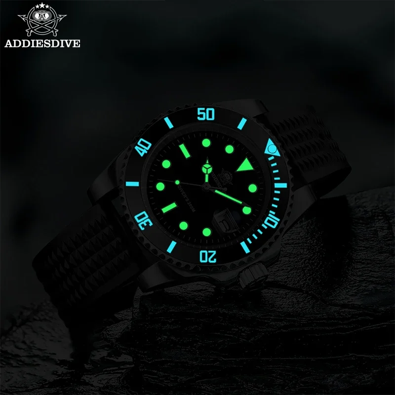 Relógio Quartz Masculino ADDIESDIVE, Bisel Cerâmico, Pulseira de Borracha Luminosa, Relógio Mergulho, Aço Inoxidável 316L, 200m