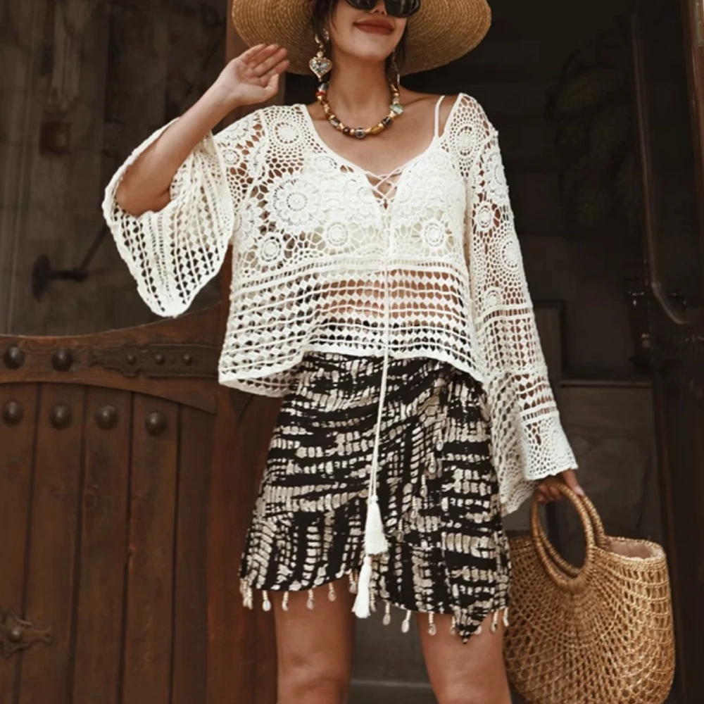 Crochet Knitted Pullover Blouses Shirts For Women Tops Hollow Out Flare Long Sleeve Boho Beach Wear Lace Cover-ups Blusas Summer