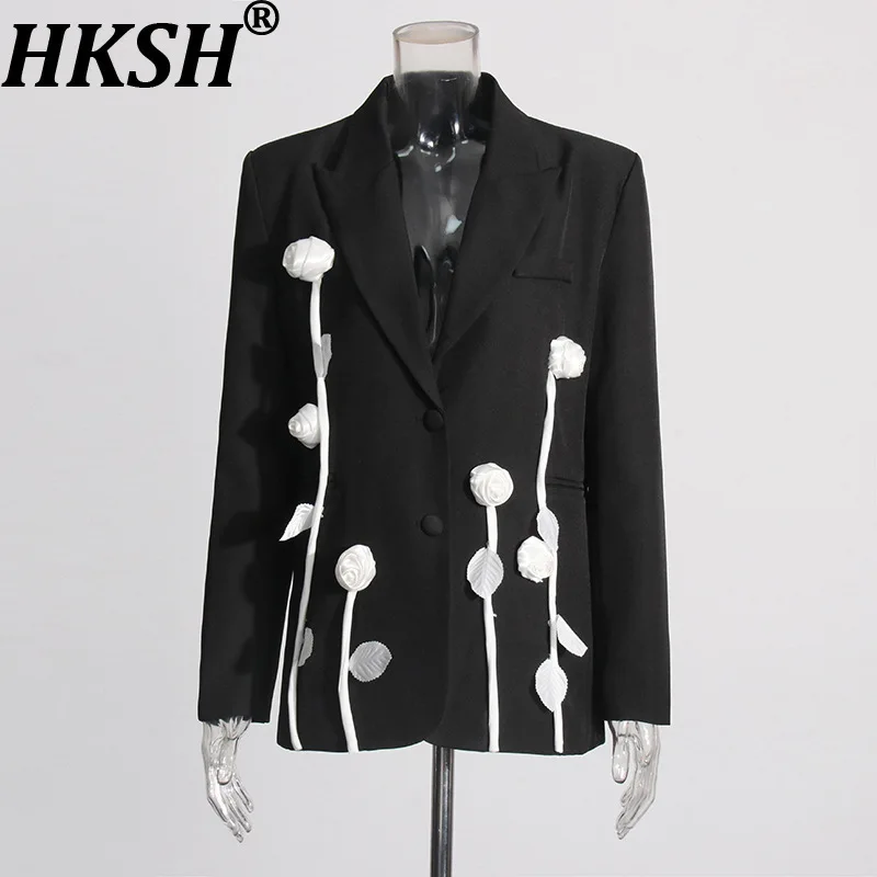 

HKSH Autumn New Women Chic Blazer Three-dimensional Flower Patchwork Contrast Color Single Breasted Slim Fit Elegant Coat HK9957