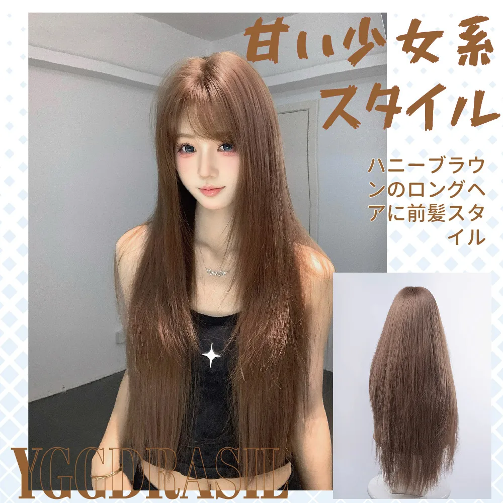 28 بوصة العسل البني لطيف نمط الأزياء الباروكات الاصطناعية مع الانفجارات شعر مستعار طويل مستقيم للنساء الاستخدام اليومي مقاومة للحرارة #1