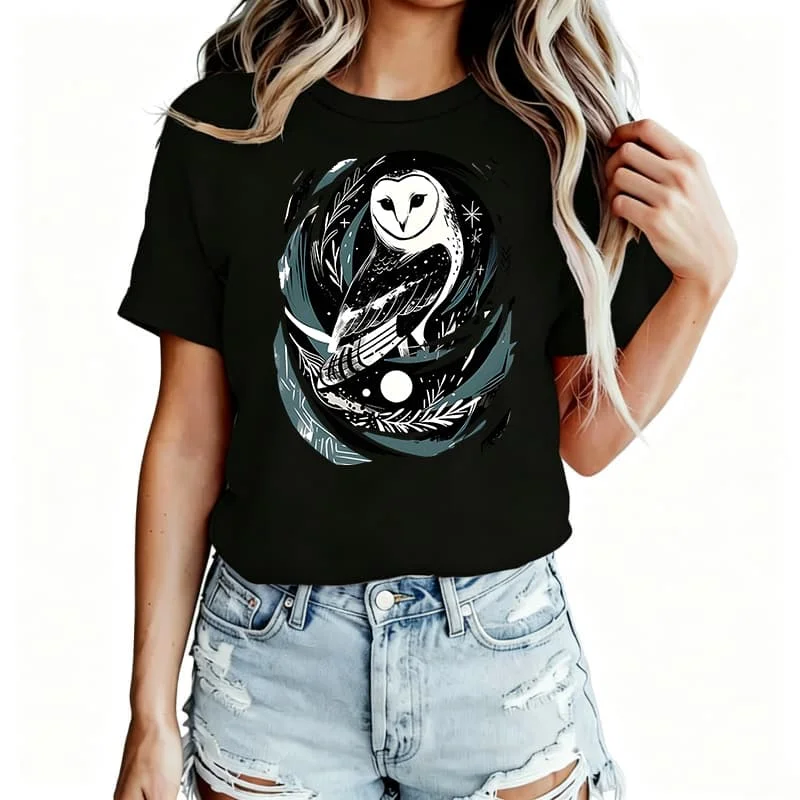 Dark Fantasy Style Barn Owl Starry Sky Women's T-Shirt 100% Cotton Funny Graphic Short Sleeve Tee Novelty Shirt Casual Crew Neck Top S-5Xl