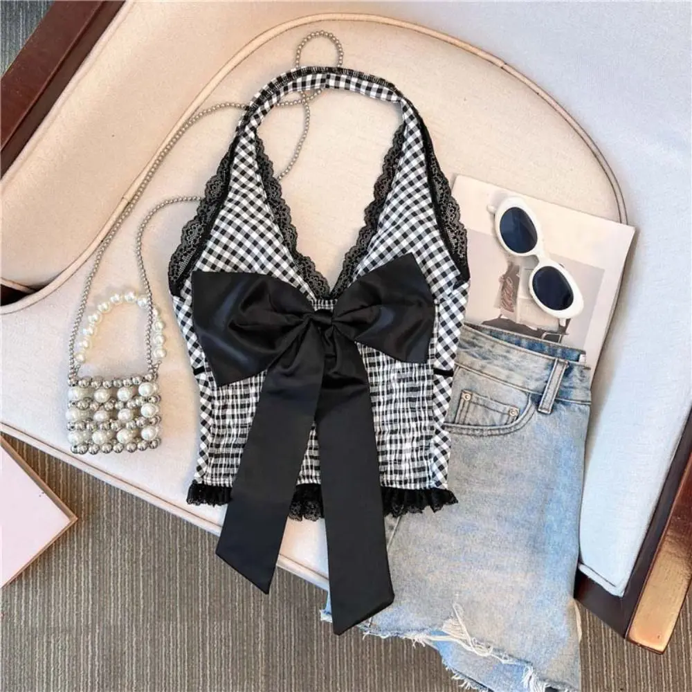 

Stripe Grid Bowknot Sleeveless Crop Top Detachable Bowknot Slim Fit Lace Vest Top Girl Korean Style Bottoming Shirt